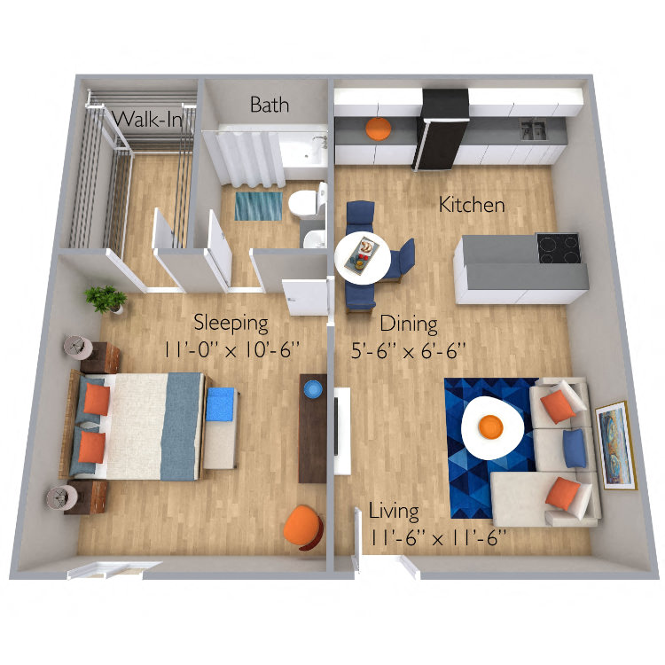 Floor plan for 1 bed, 1 bath, 450 sqft